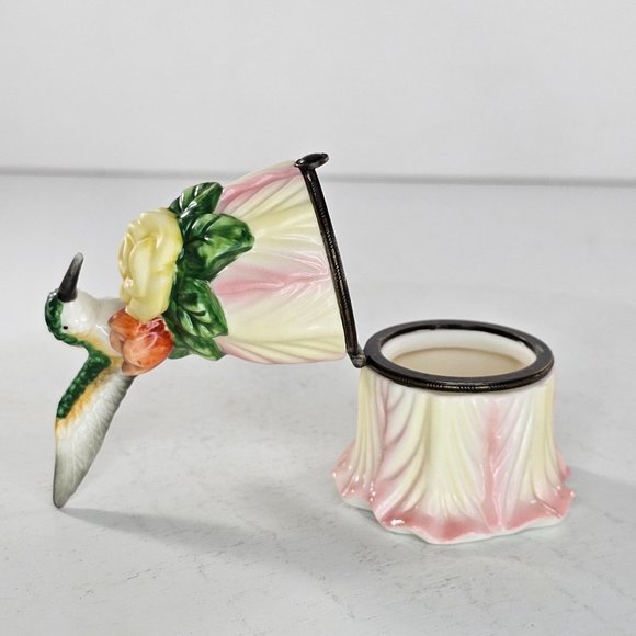 Vintage Hummingbird Trinket Box Flower Ceramic Pink Green Yellow - Picture 7 of 8